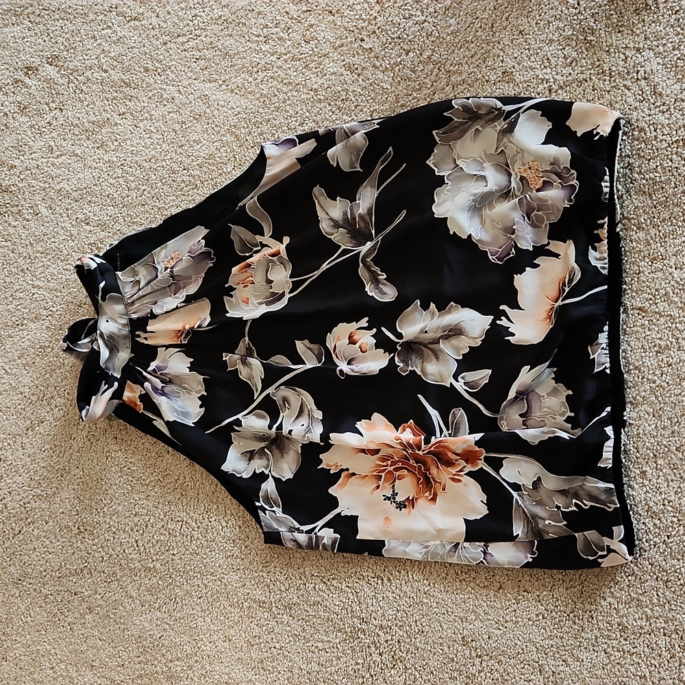 White House Black Market  Black Floral Tie Neck Top
